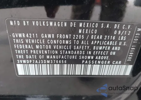 2013 Volkswagen Jetta 2.5L Se z USA, uszkodzony, nr VIN 3VWDP7AJ3DM376656